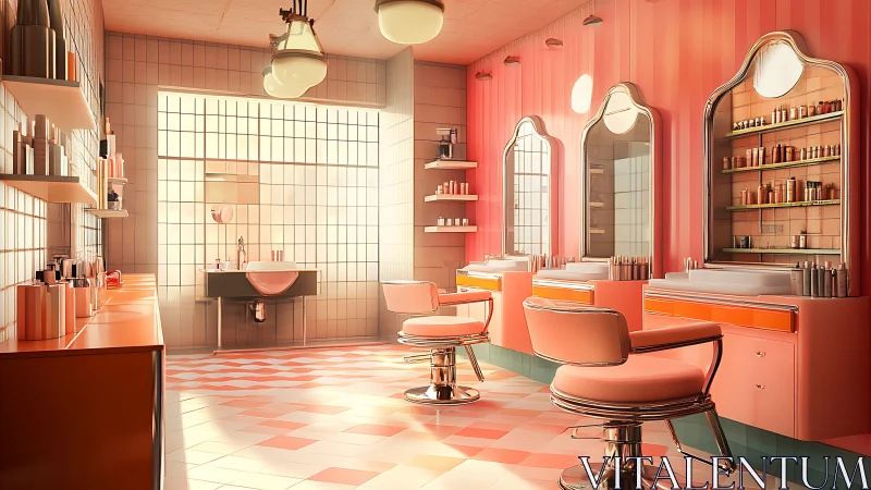 Sunlit retro pink salon interior glows with warm vintage charm