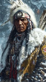 Snow-laden elder warrior in ornate feathered headdress.