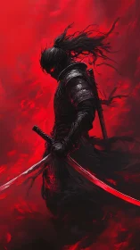 Armored dark samurai framed in infernal red digital chiaroscuro