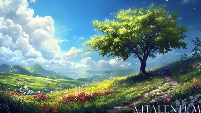 Sunlit hillside tree welcomes walkers under a bright blue sky