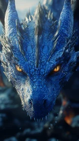 Blue dragon head close-up with glowing amber eyes.