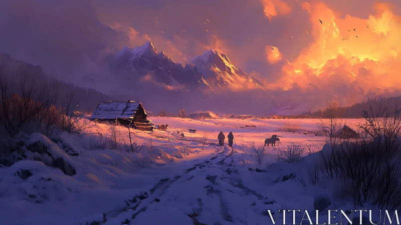 Snow-covered valley landscape shows cabins and distant travelers