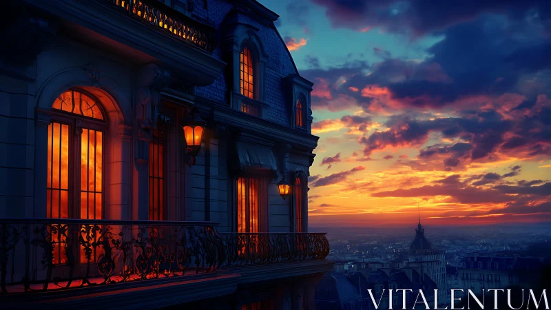 Cozy balcony glow against a dreamy city sunset sky.