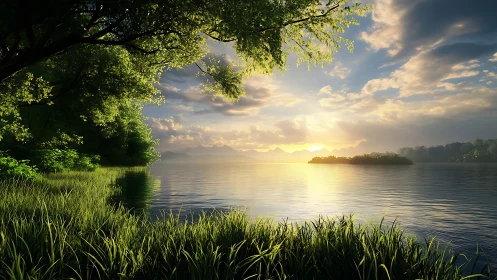 Radiometrically rich lakefront sunrise with volumetric foliage shading.