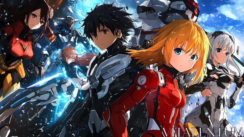 Mecha-clad anime squad in dynamic triadic battle formation.