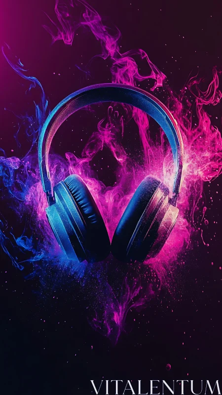 Neon headphones ignite swirling plumes of liquid sound