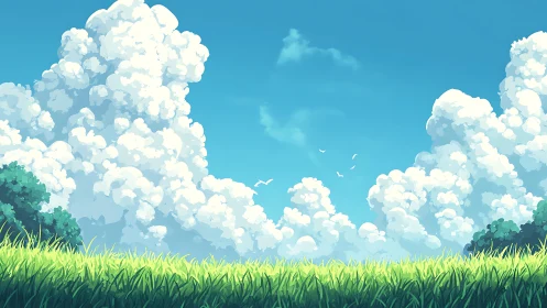 Sunlit meadow under daydream clouds and endless blue sky.