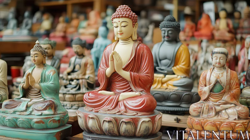 Colorful Buddha statues arranged in a crowded market display.