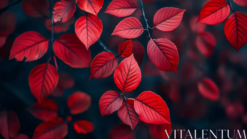 Red elliptical leaves hang against a dark defocused background