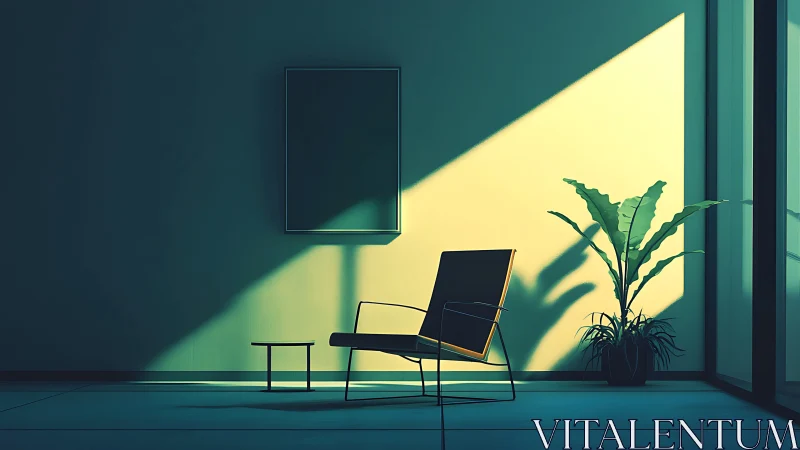 Minimalist chair and plant in sharp afternoon light.