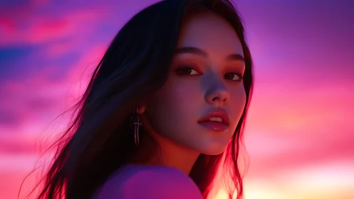 Digital portrait of woman against vivid sunset sky.