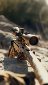 Scoped Tactical Rifle with Desert Setting and Dramatic Sunlight