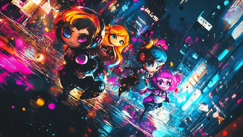 Neon chibi heroes sprint through cyberpunk rain city streets.