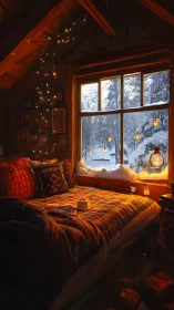 Cozy attic bedroom glows against cold snowy forest outside