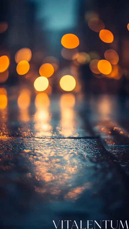 Rain-soaked city pavement reflects blurred golden bokeh lights.