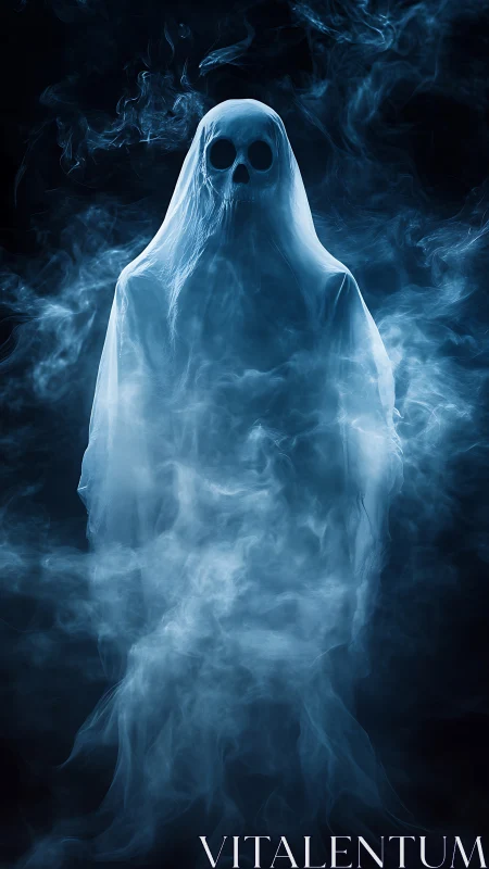 Shrouded ghost drifts upward through cold cinematic mist