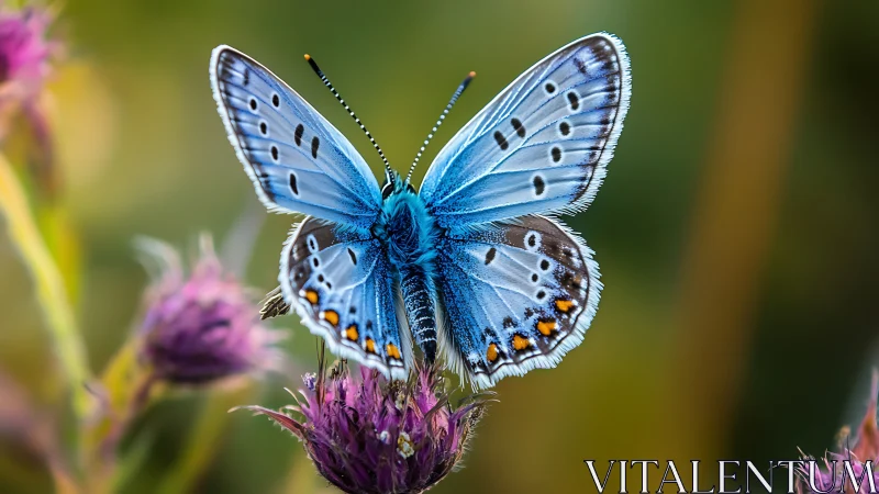 Blue butterfly rests on thistle flower in shallow focus field