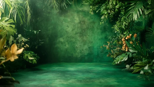 Emerald Studio: Lush Jungle Backdrop with Golden Blooms