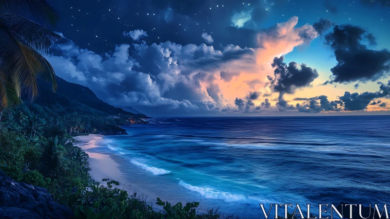 Tropical coastline under luminous twilight sky and stars