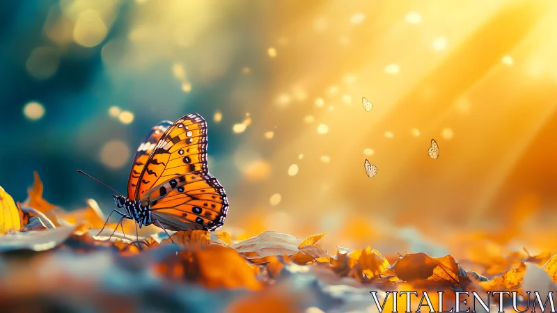 Orange butterfly rests on autumn leaves in diffuse light