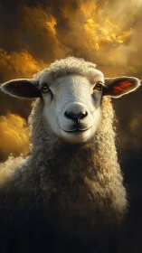 Gentle golden sheep gazing calmly beneath glowing clouds.