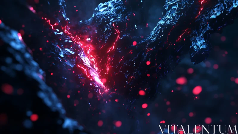 Lava-illuminated fractured obsidian ridge with floating embers