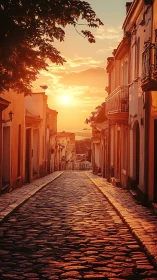 Photorealistic cobblestone street at sunset with warm facades.
