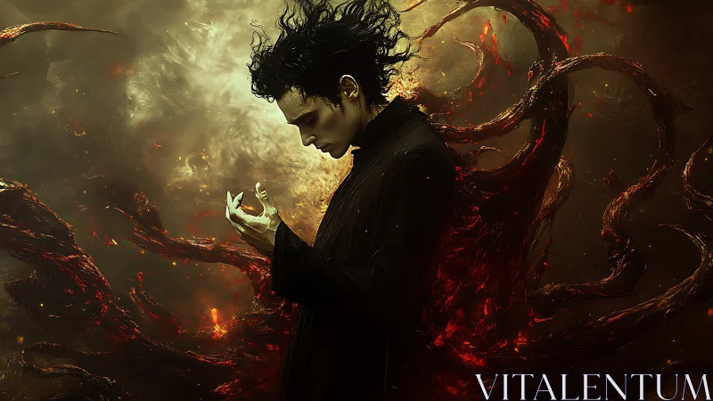 Dark robed figure framed by fiery swirling tendrils.