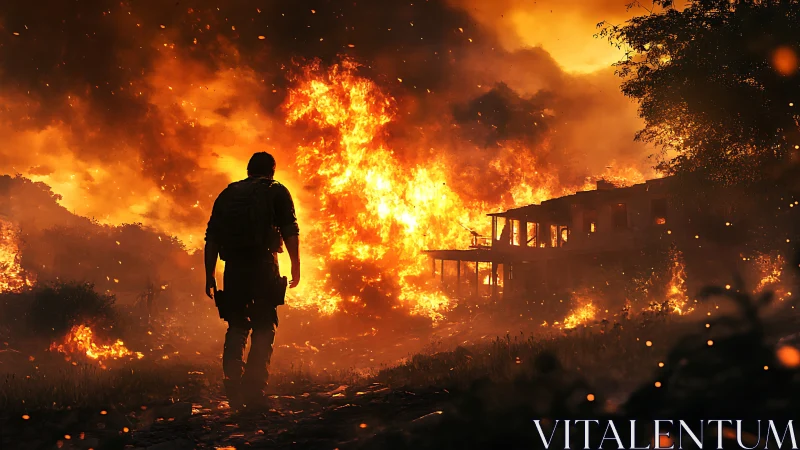 Silhouetted Figure Confronting Catastrophic Wildfire Inferno.
