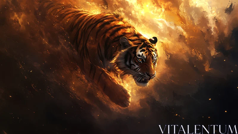 Burning-stride Bengal tiger in dynamic fiery nebula charge