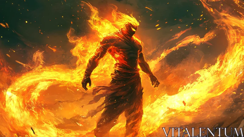 Blazing fire warrior emerging through swirling inferno storm.