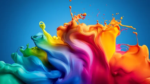 Multicolored liquid splash arcs upward against blue background