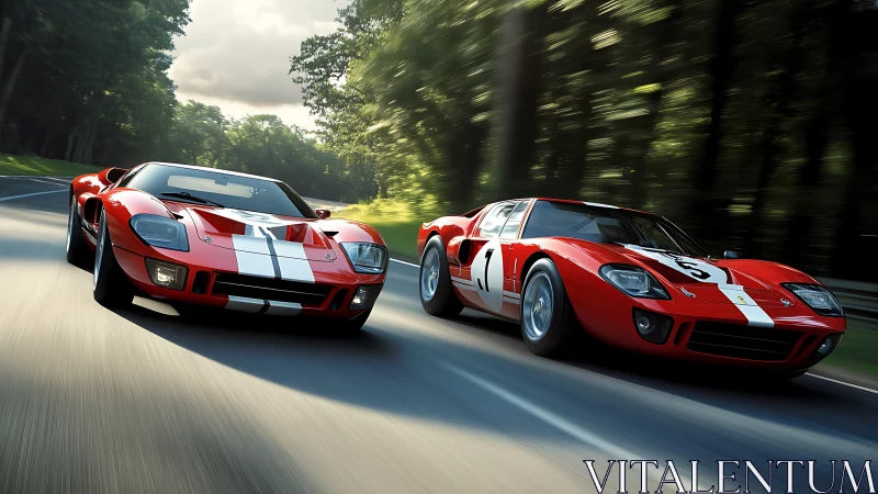 Twin scarlet racers carve light through a forest highway.