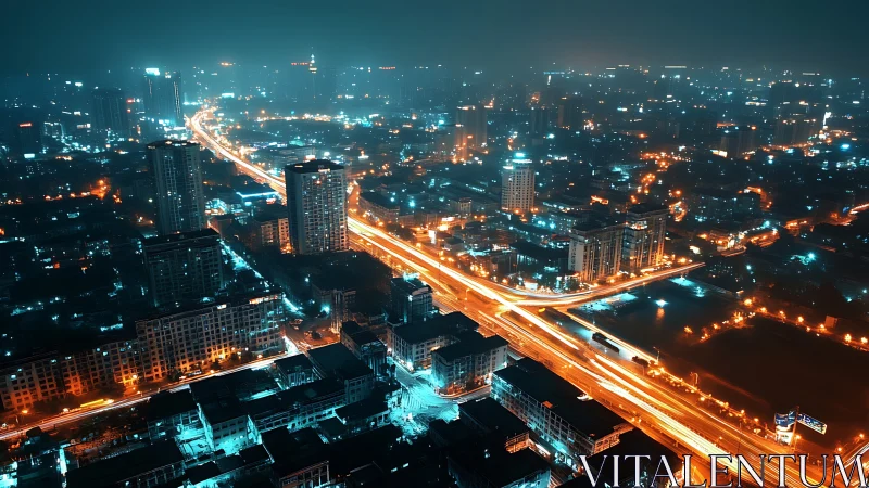 Neon city skyline glows as bright traffic streams through night