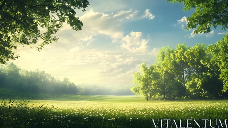 Low-angle sun illuminating misty meadow and high dynamic range trees