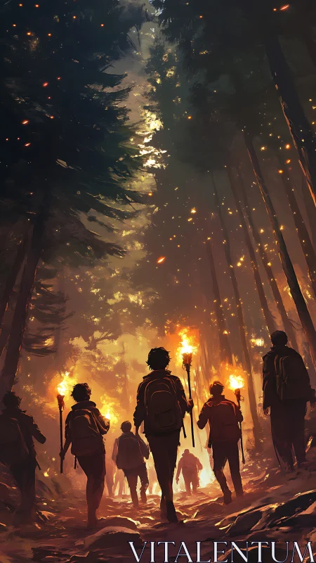 Group of torch-bearing hikers moving through dense forest.