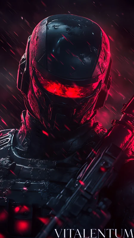 Armored futuristic soldier in red illuminated rainfield.