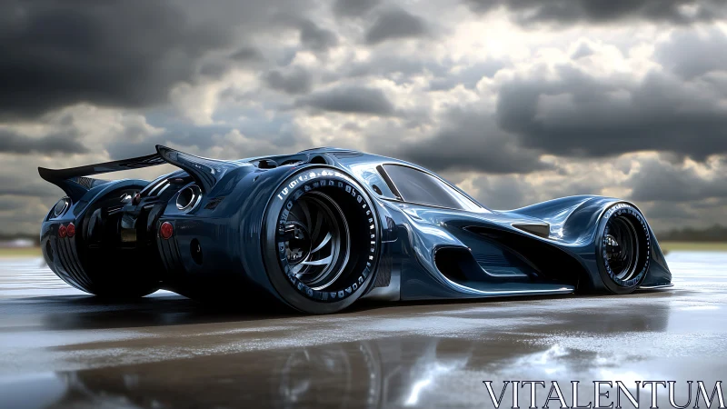 Storm-chasing hypercar prowls a rain-slick futuristic runway.