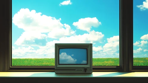 Retro monitor mirrors bright summer field beyond window