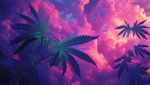Cannabis leaves silhouetted against vivid pink clouds.