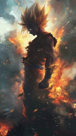 Fiery anime warrior silhouette stands amid swirling embers