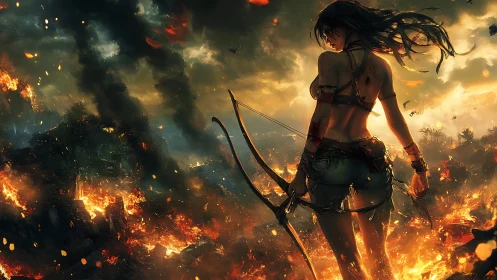 Emberlit archer surveying a wild, burning horizon.