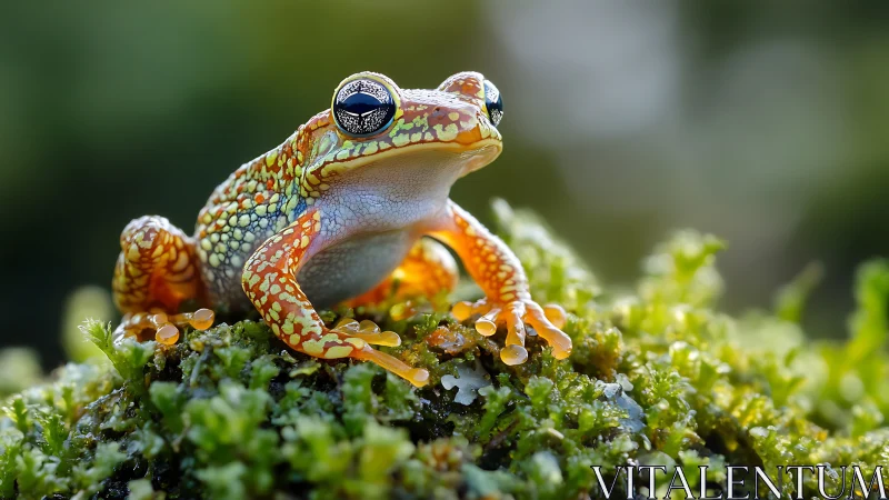 Bright little tree frog rests confidently on lush green moss