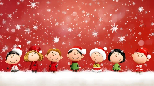 Cartoon children in winter clothing under falling snowflakes.