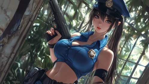 Highly rendered anime police officer holding handgun in overgrown atrium