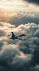 Modern fighter jet cutting through glowing storm clouds.