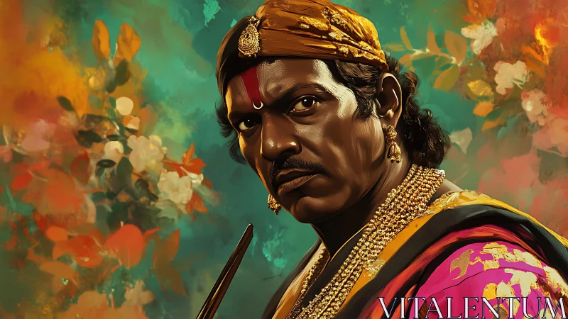 Regal warrior portrait amid vivid floral abstraction.