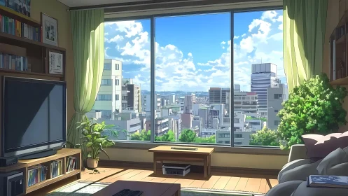 Sunny city apartment living room overlooks bright skyline