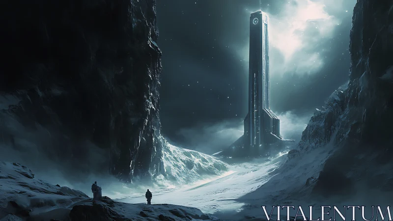 Tall illuminated tower in frozen mountain canyon at night.