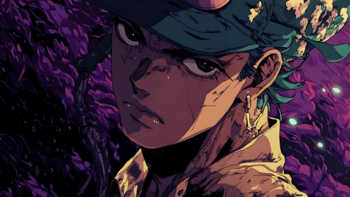 Brooding anime soldier in teal cap amid violet energy field.
